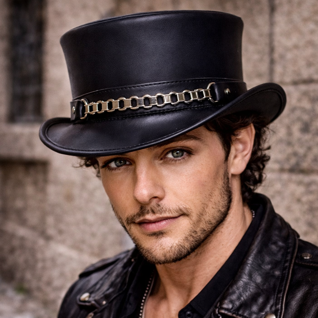 El Dorado Men's Top Hat Black with Chain Hat Band Handmade 100% Cowhide