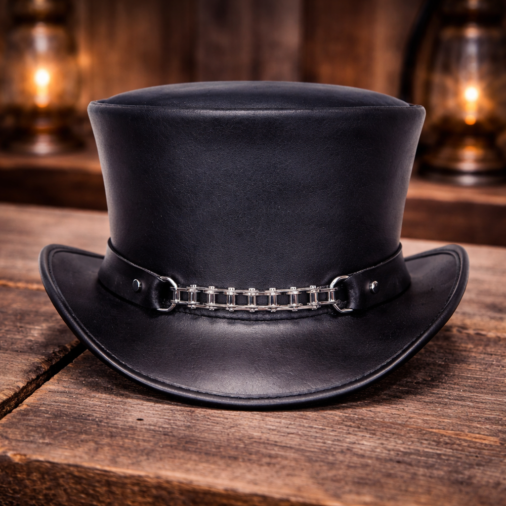 El Dorado Men's Top Hat Black with Chain Hat Band Handmade 100% Cowhide