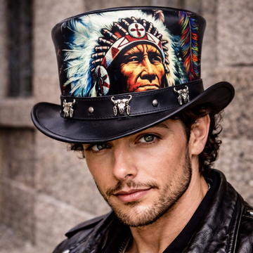 Red Indian Top Hat Western Hat Handmade Top Leather Hat Steampunk Hat Biker Hat