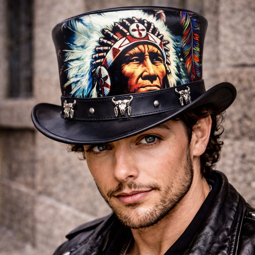 Red Indian Top Hat Western Hat Handmade Top Leather Hat Steampunk Hat Biker Hat