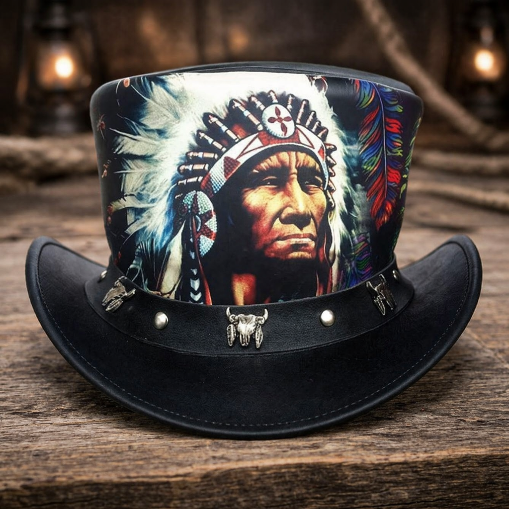 Red Indian Top Hat Western Hat Handmade Top Leather Hat Steampunk Hat Biker Hat