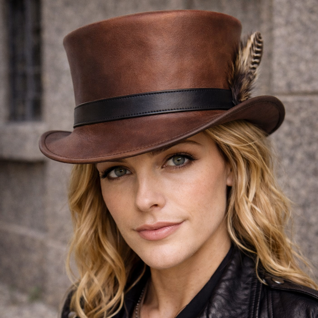El Dorado Steampunk Leather Top Hat Feather Band - Gothic Hat - Motorcyclist Hat