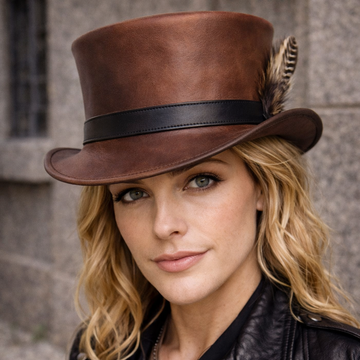 El Dorado Steampunk Leather Top Hat Feather Band - Gothic Hat - Motorcyclist Hat