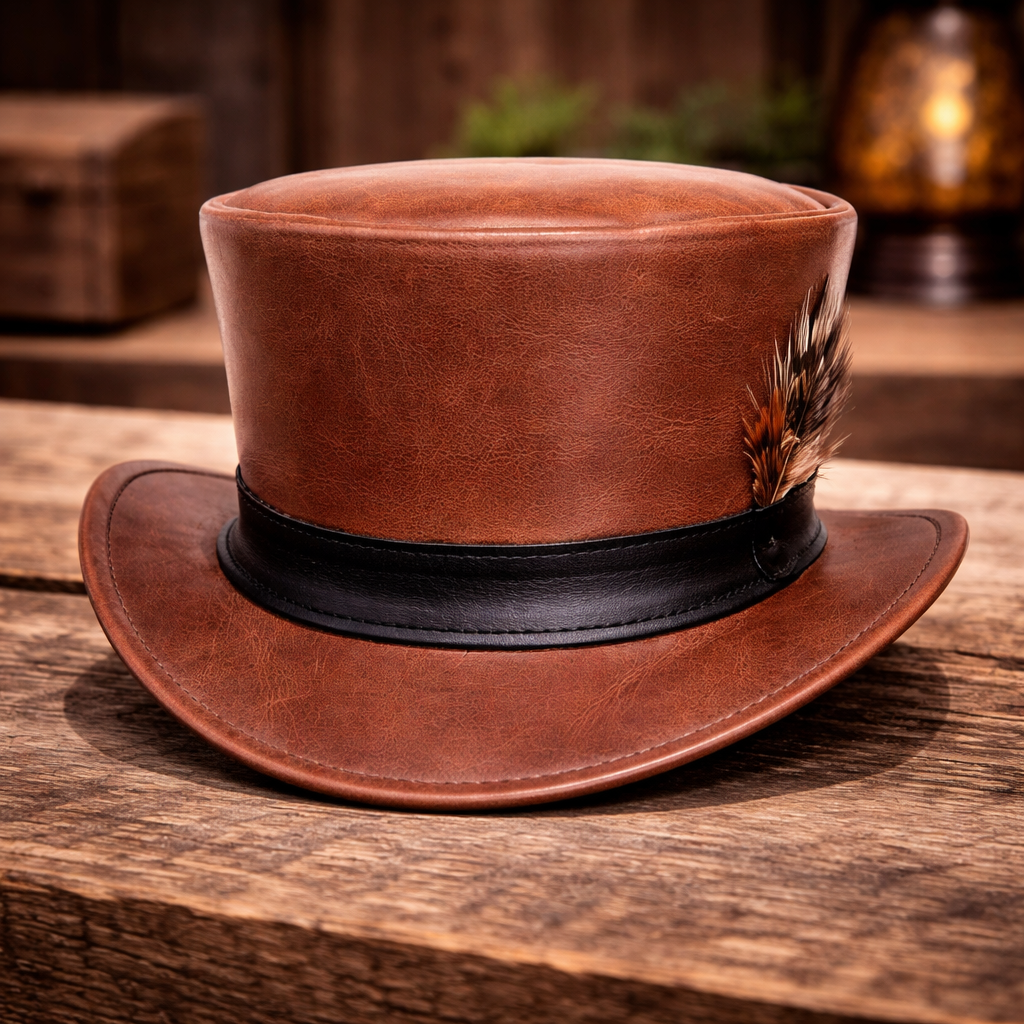 El Dorado Steampunk Leather Top Hat Feather Band - Gothic Hat - Motorcyclist Hat
