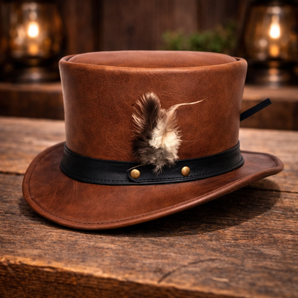 El Dorado Steampunk Leather Top Hat Feather Band - Gothic Hat - Motorcyclist Hat