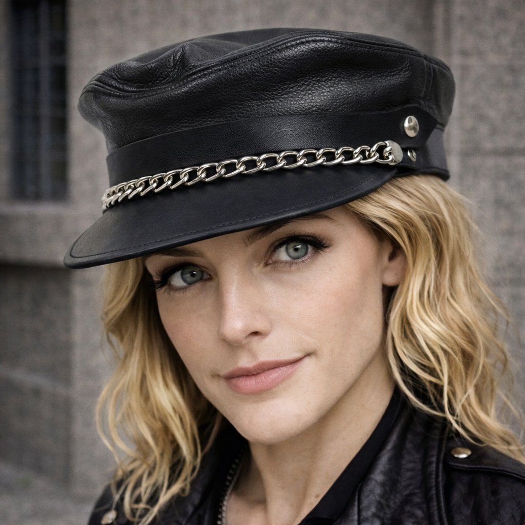Mascorro Men's Flat Top Genuine Leather Biker Cap with Chain, Black Leather C58