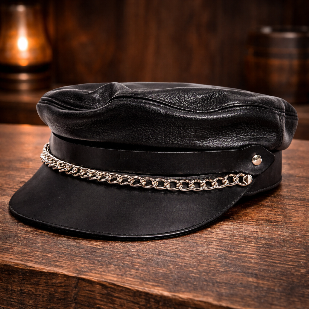 Mascorro Men's Flat Top Genuine Leather Biker Cap with Chain, Black Leather C58