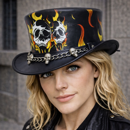 New Halloween Hat Handmade Leather Top Skull & Fire Band Style Steampunk Top Hat