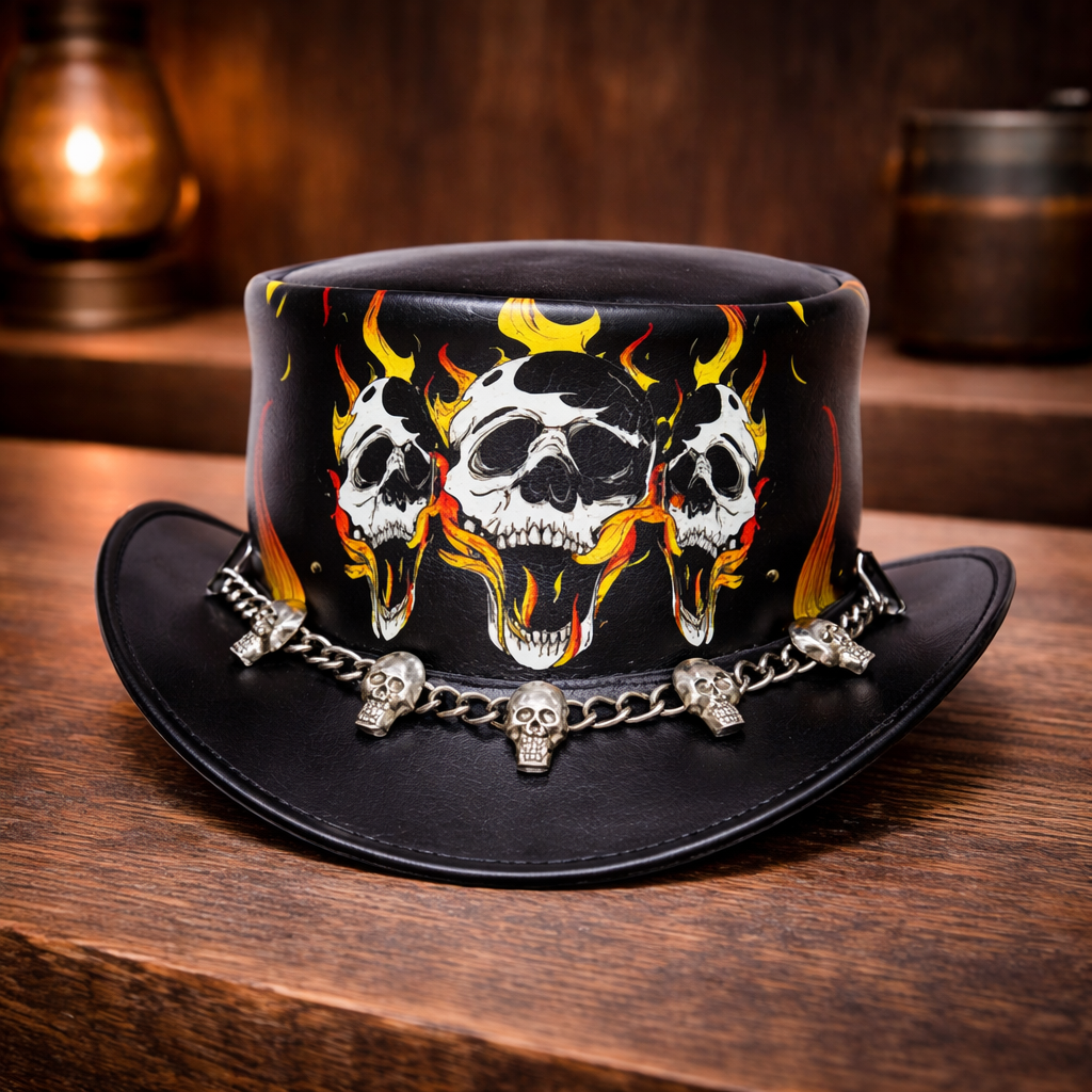 New Halloween Hat Handmade Leather Top Skull & Fire Band Style Steampunk Top Hat