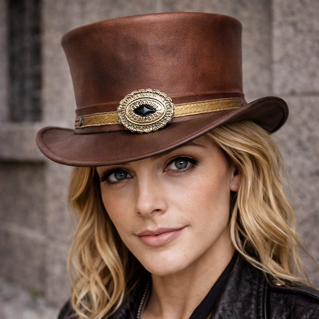 Men's Top Hat Topper Top Diamond Inlay Brown Leather Steampunk Gothic Biker Hat