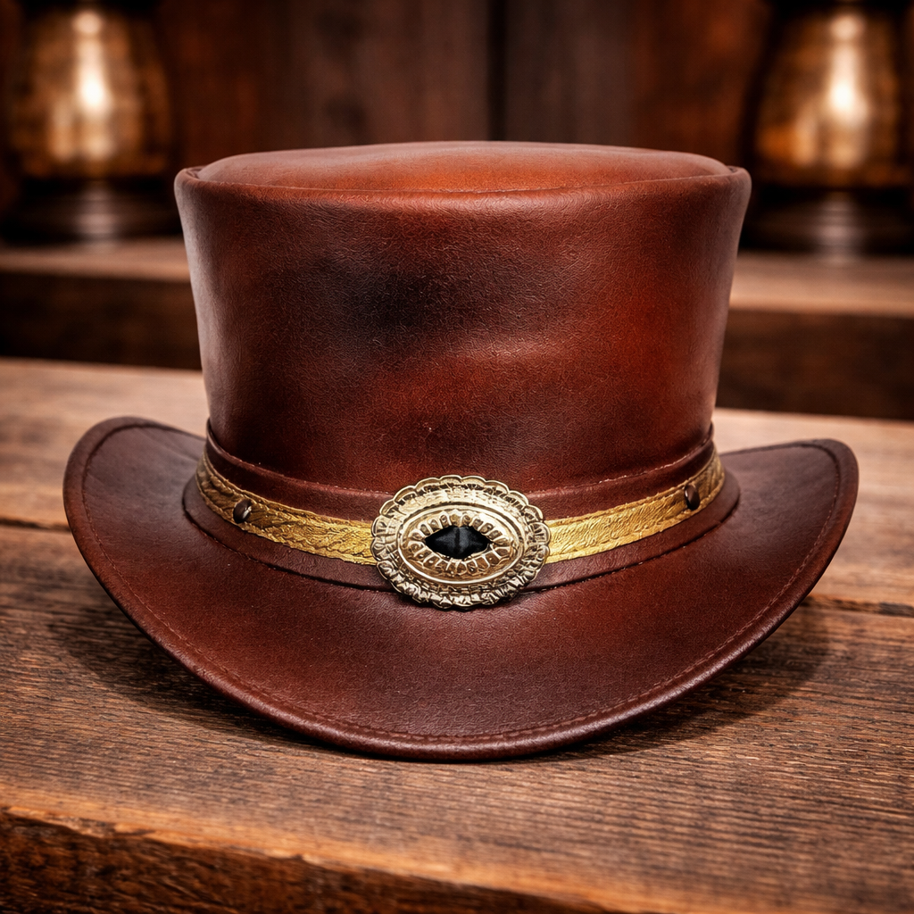 Men's Top Hat Topper Top Diamond Inlay Brown Leather Steampunk Gothic Biker Hat