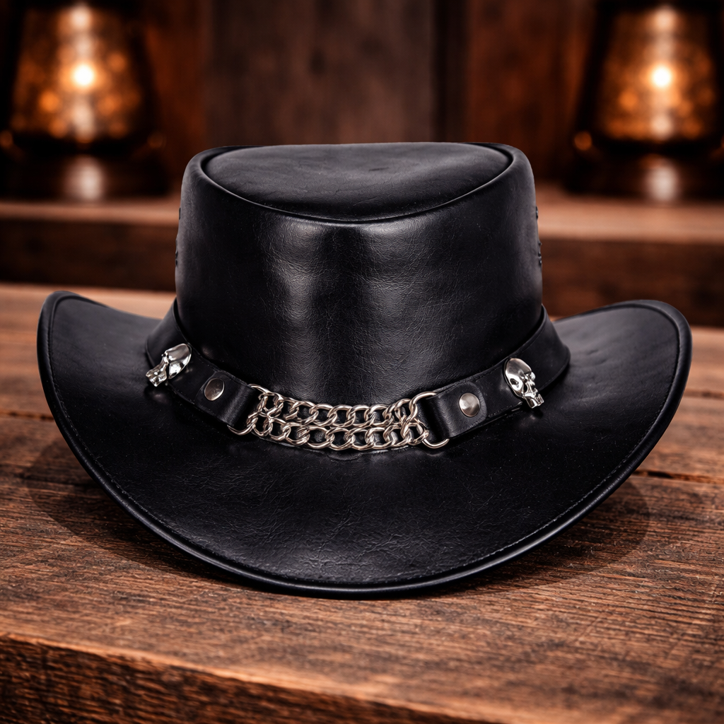 Black Leather Top Hat Skulls Chain Band Western Hand Made Hat Cowboy Style