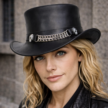 Black Leather Top Hat Skulls Chain Band Western Hand Made Hat Cowboy Style