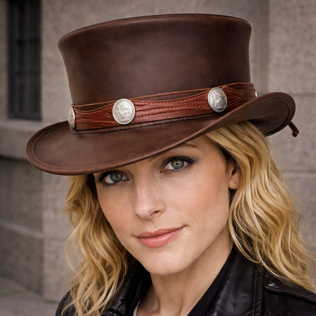 Buffalo Band Leather Hat Leather Top Hat Steampunk Top Hat Gothic Motorcycle Hat