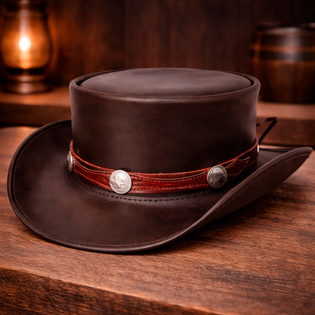 Buffalo Band Leather Hat Leather Top Hat Steampunk Top Hat Gothic Motorcycle Hat