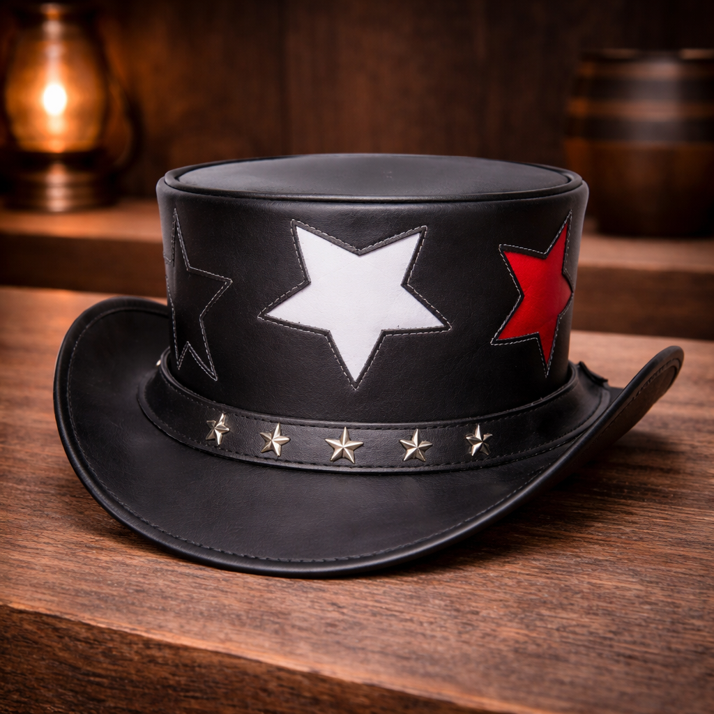 Handmade Top Hat Steampunk Leather Top Hat With Multi Stars And Star Band Biker