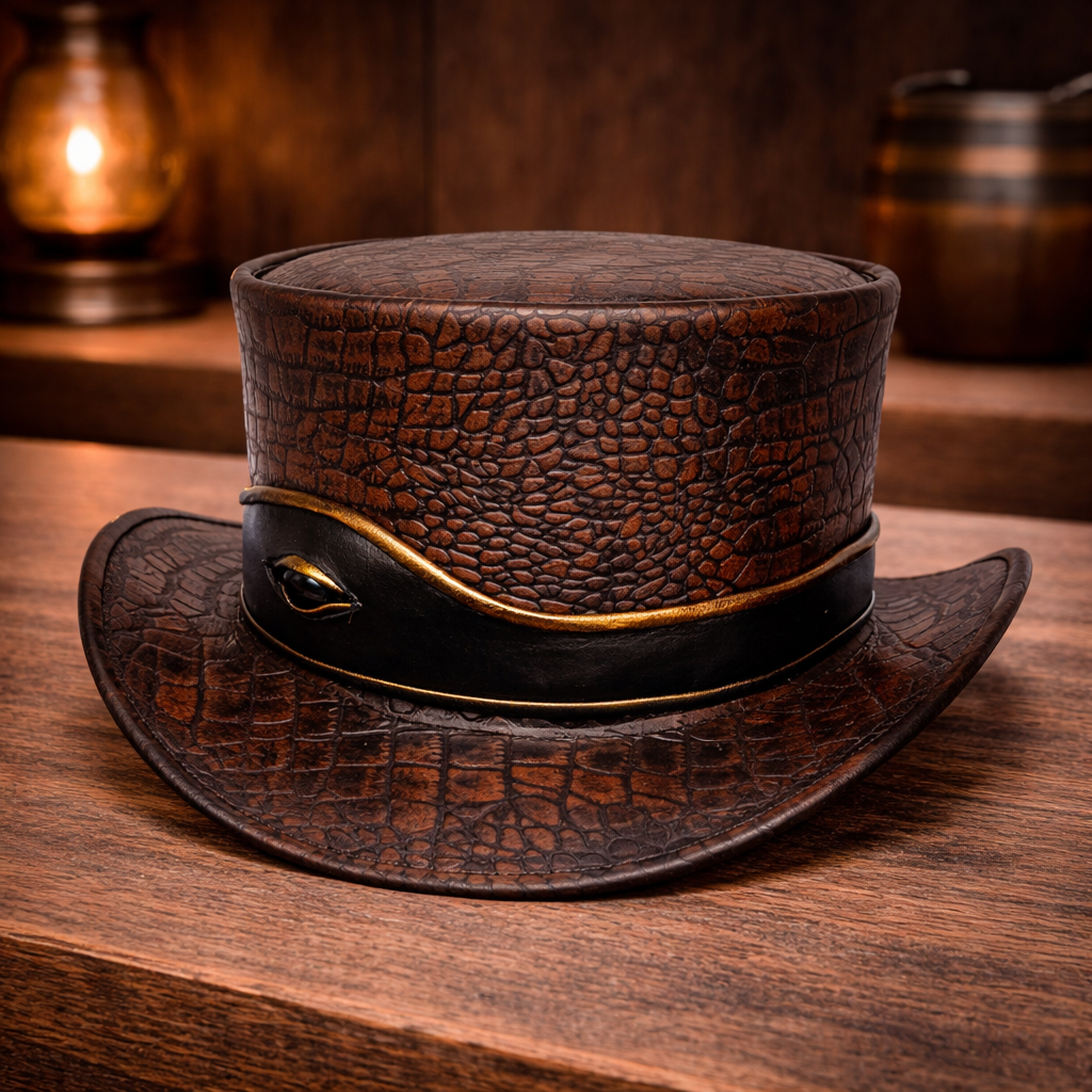 El Dorado Leather Top Hat With Eye Band - Brown Crocodile Skin Texture