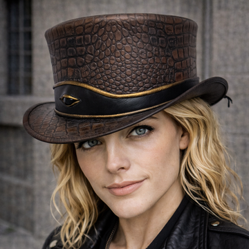 El Dorado Leather Top Hat With Eye Band - Brown Crocodile Skin Texture