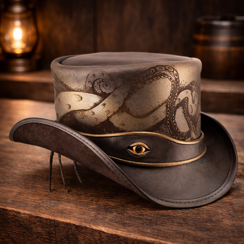 New Steampunk Biker Hat with Octopus Engraved El Dorado Eye Band