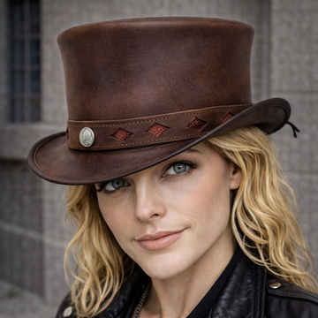 Steampunk Brown Leather Top Hat with Diamond Inlay Gothic Biker Style Vintage