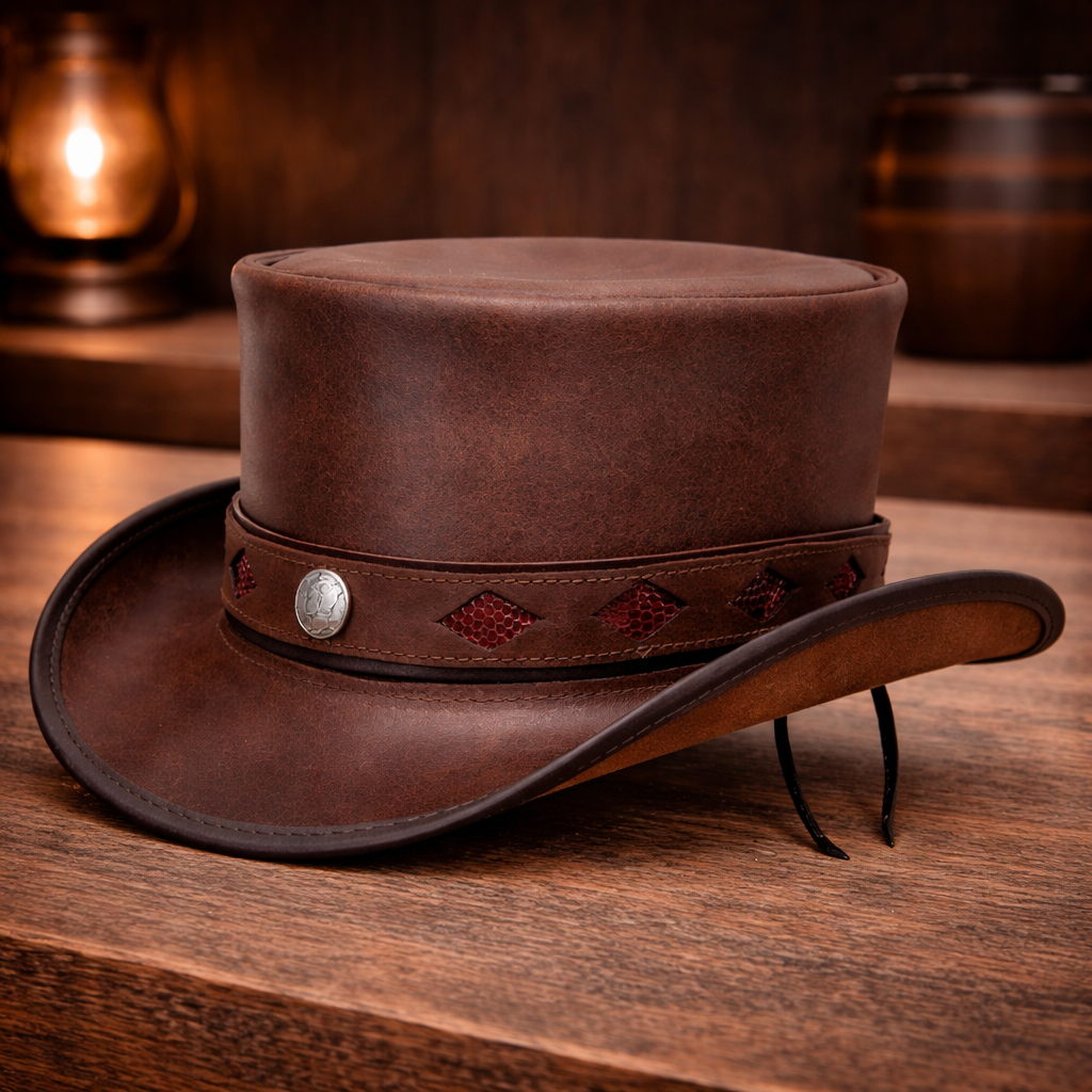 Steampunk Brown Leather Top Hat with Diamond Inlay Gothic Biker Style Vintage