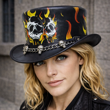 Halloween Hat Handmade Leather Top Skull & Fire Band Style - Steampunk Top Hat