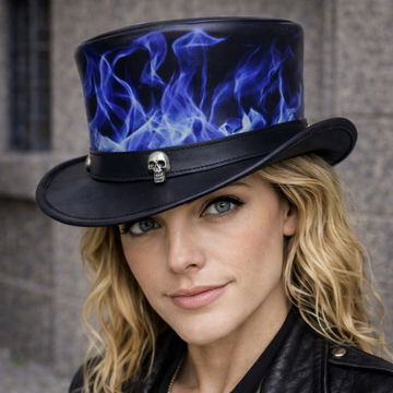 Leather Top Hat - Skull & Fire Band Style - Steampunk Top Hat Halloween Hat