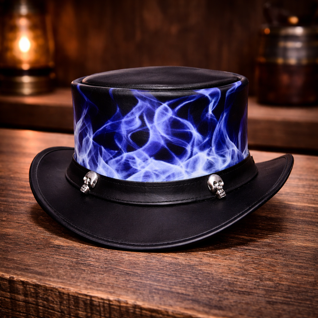 Leather Top Hat - Skull & Fire Band Style - Steampunk Top Hat Halloween Hat
