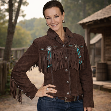 Women Native American Western Cowboy Leather Jacket Suede Fringe & Eye Beaded