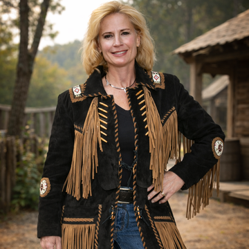 Women Native American Western Cowboy Leather Jacket Suede Contrast Fringe Beaded