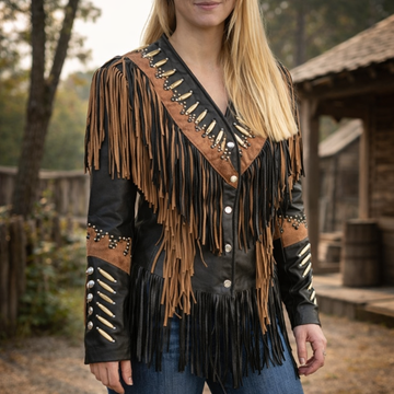 Women Native American Western Cowboy Real Leather Jacket Contrast Fringe & Bead