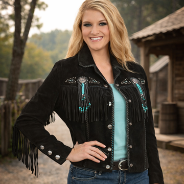 Women Native American Western Cowboy Leather Jacket Suede Fringe & Beaded Black