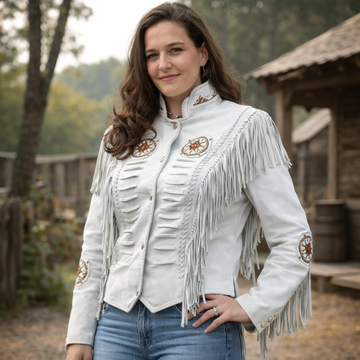 Women Native American Western Cowboy Leather Jacket Suede Fringe & Bead Work