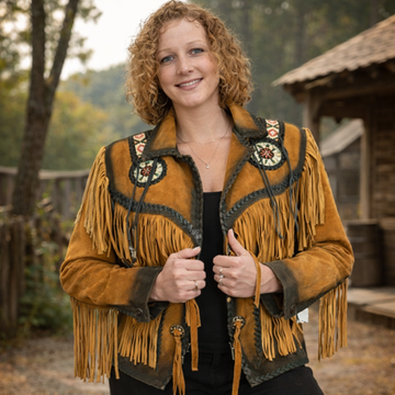 Women Native American Western Cowboy Leather Jacket Suede Fringe & Beaded