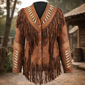 Women Native American Western Cowboy Real Leather Jacket Contrast Fringe & Bead