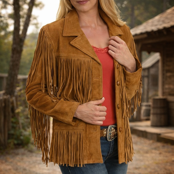 Women Native American Western Cowboy Leather Jacket Fringe Suede Jacket - Button