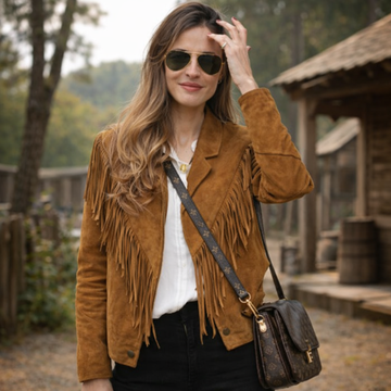 Women Native American Western Leather Jacket Suede Leather Fringe & Snap Closure