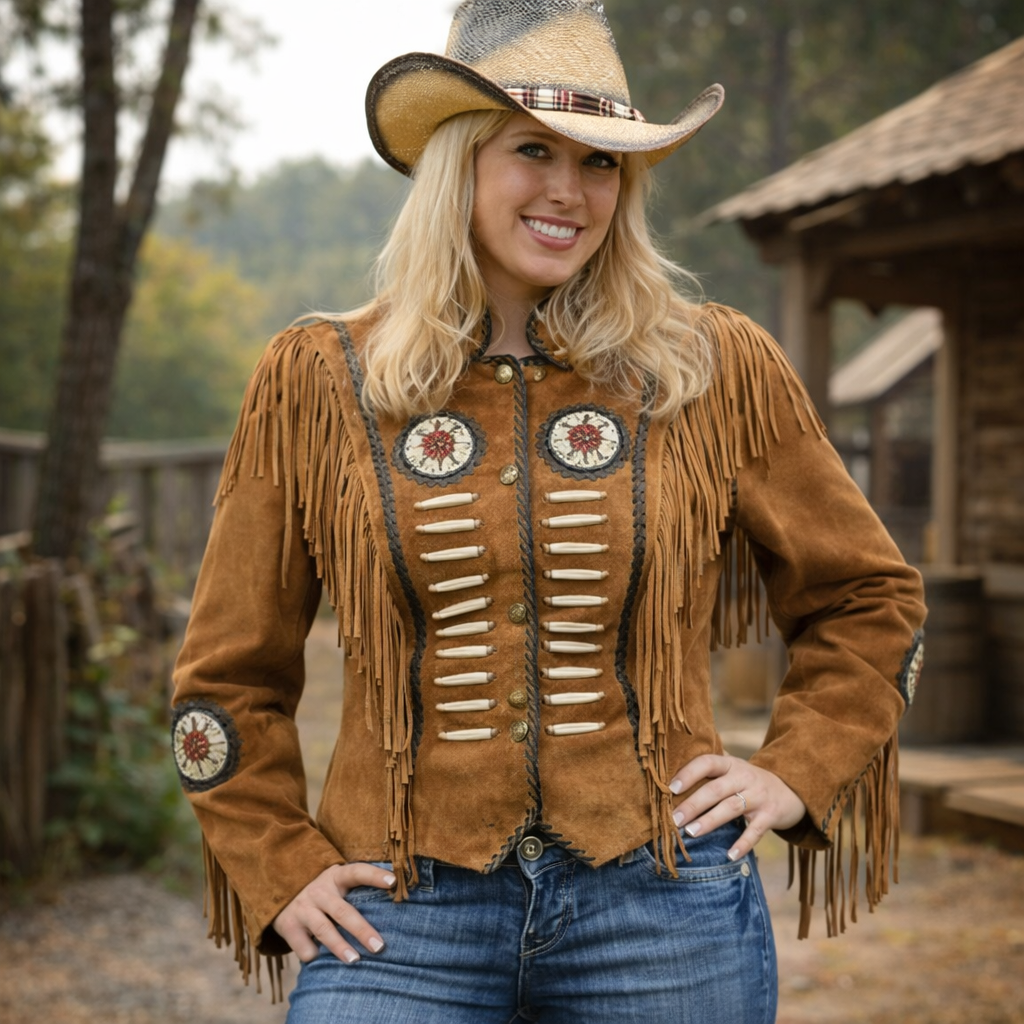 Women Brown Native American Western Cowboy Leather Jacket Suede Fringe & Beaded