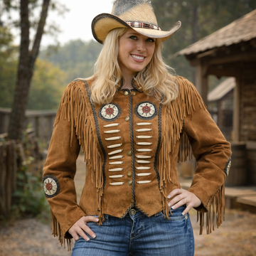 Women Brown Native American Western Cowboy Leather Jacket Suede Fringe & Beaded