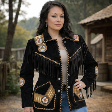 Women Black Suede Leather Jacket Contrast Fringe & Bead Work - Western Cowboy