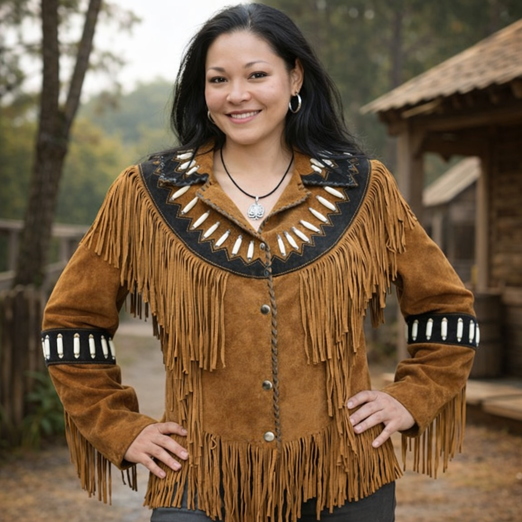 Women Native American Western Cowboy Leather Jacket Suede Fringe & Beaded Brown