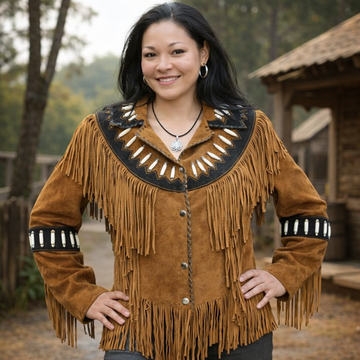 Women Native American Western Cowboy Leather Jacket Suede Fringe & Beaded Brown