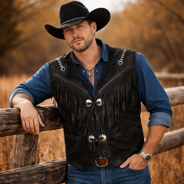 Men Black Suede Leather Western Style Vest Fringed & Beaded - Waistcoat