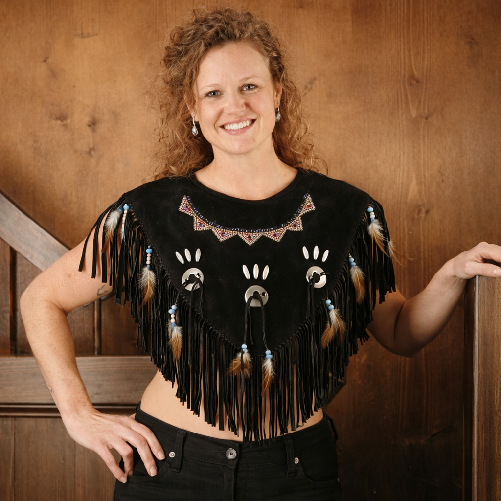 Women Western Style Suede Leather Fringe Poncho Native American Costume