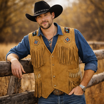 Men Suede Leather Western Style Vest Fringed & Bead Work - Waistcoat