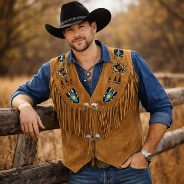 Men Suede Leather Western Style Vest Fringed & Beaded Waistcoat - Brown