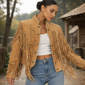 Women Brown Native American Western Cowboy Leather Jacket Suede Fringe & Beaded