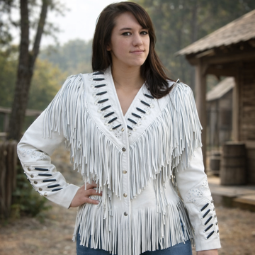 Women Native American Western Real Leather Jacket Fringe & Beaded - White