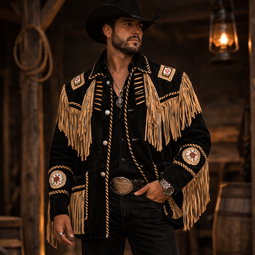 Men Western Cowboy Suede Fringe Jacket Beaded Native American Leather Jacket