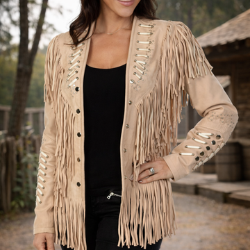 Women Western Style Real Leather Jacket Fringes & Bead Work - Beige Real Leather